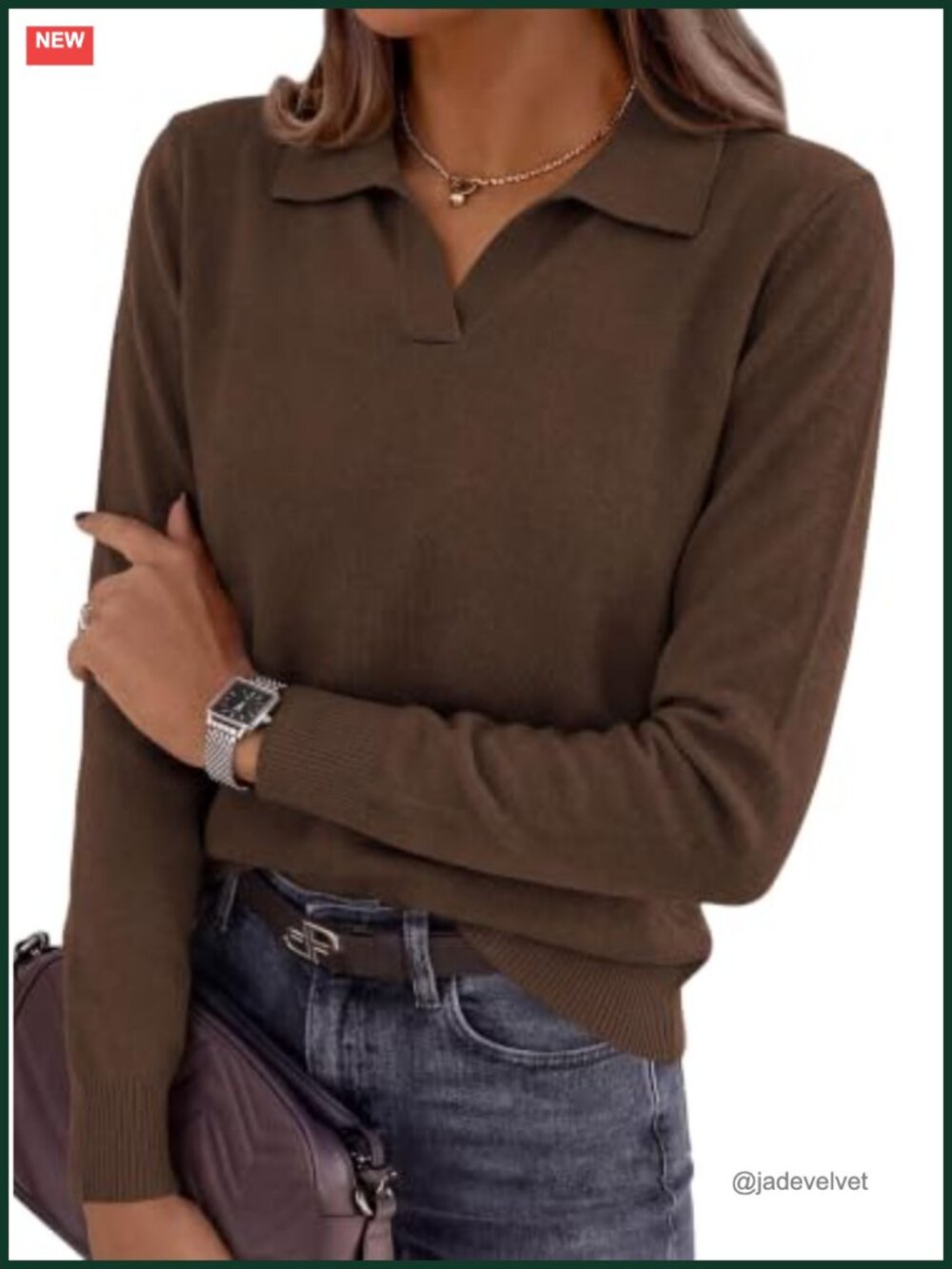 Women's Long Sleeve Collared Polo Sweater V-Neck Pullover Knit Top